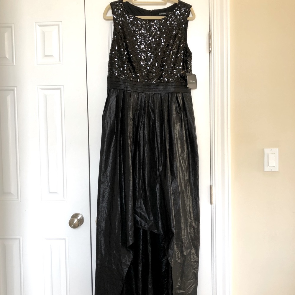 Ellen Tracy NWT Sequin top HighLo Black long dress Size 14 with pockets